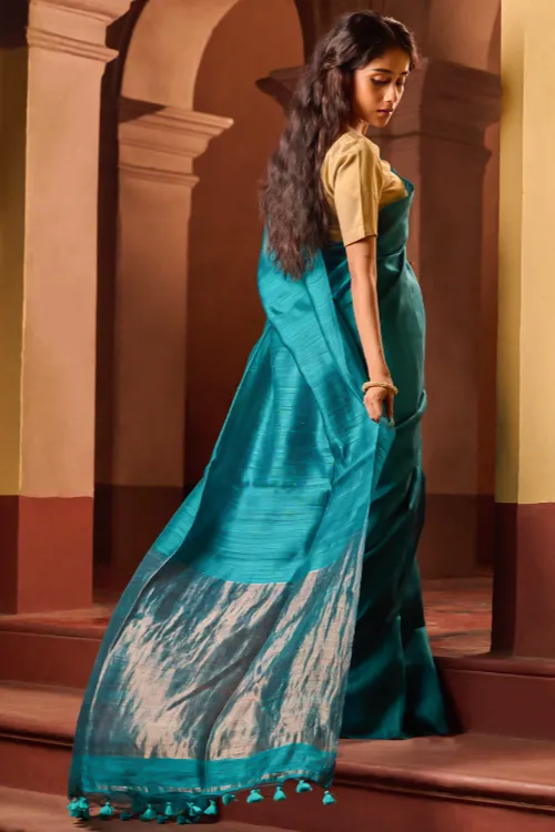 The ICH Bengal Elegance. Handwoven Soft Resham Matka Silk Saree - Peacock Teal - Image 5