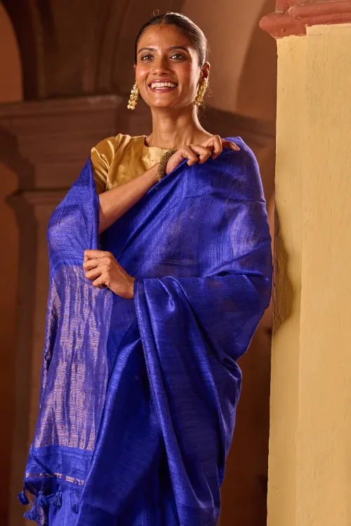 The ICH Bengal Elegance. Handwoven Soft Resham Matka Silk Saree - Royal Blue - Image 2