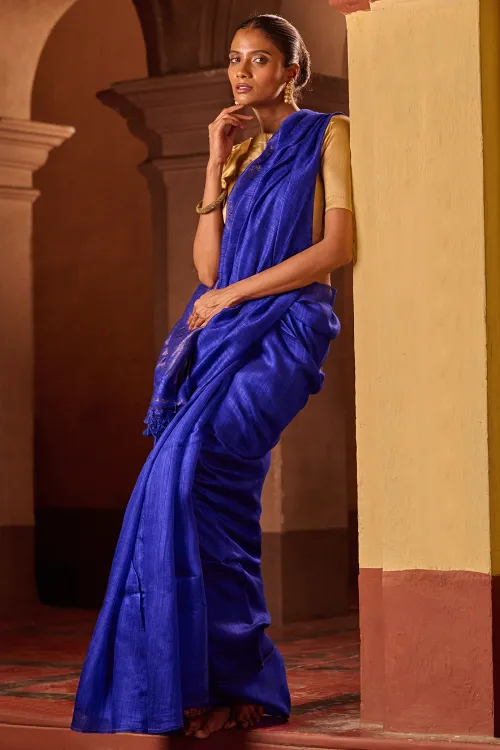 The ICH Bengal Elegance. Handwoven Soft Resham Matka Silk Saree - Royal Blue - Image 3