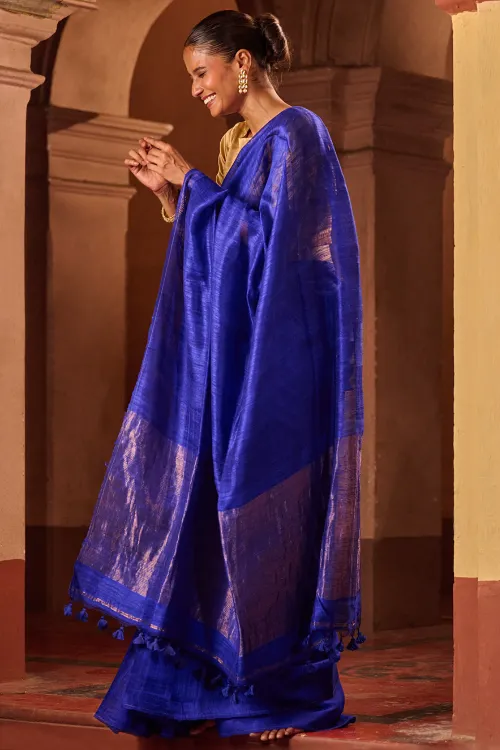 The ICH Bengal Elegance. Handwoven Soft Resham Matka Silk Saree - Royal Blue - Image 4
