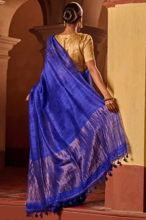 The ICH Bengal Elegance. Handwoven Soft Resham Matka Silk Saree - Royal Blue - Image 5