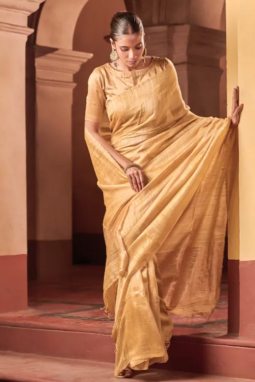 The ICH Bengal Elegance. Handwoven Soft Resham Matka Silk Saree - Sunlit Gold - Image 4