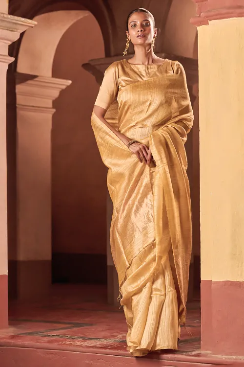The ICH Bengal Elegance. Handwoven Soft Resham Matka Silk Saree - Sunlit Gold - Image 5