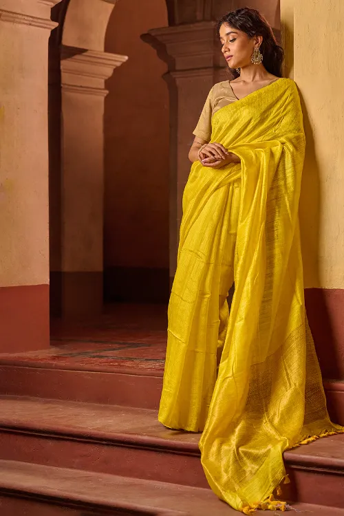 The ICH Bengal Elegance. Handwoven Soft Resham Matka Silk Saree - Sunlit Lemon - Image 2