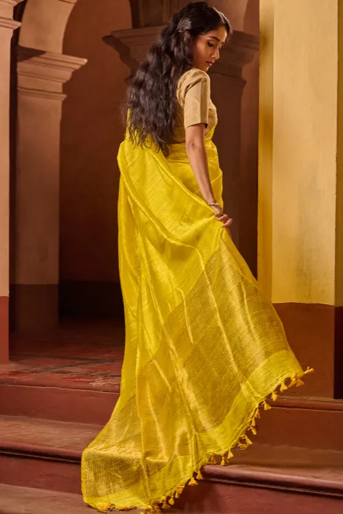 The ICH Bengal Elegance. Handwoven Soft Resham Matka Silk Saree - Sunlit Lemon - Image 3