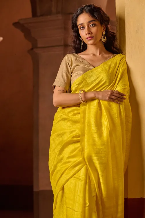 The ICH Bengal Elegance. Handwoven Soft Resham Matka Silk Saree - Sunlit Lemon - Image 4