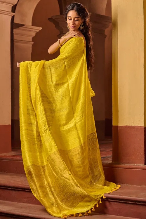 The ICH Bengal Elegance. Handwoven Soft Resham Matka Silk Saree - Sunlit Lemon - Image 5