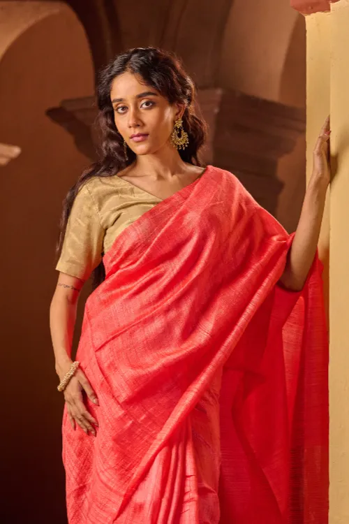 The ICH Bengal Elegance. Handwoven Soft Resham Matka Silk Saree - Warm Coral - Image 2