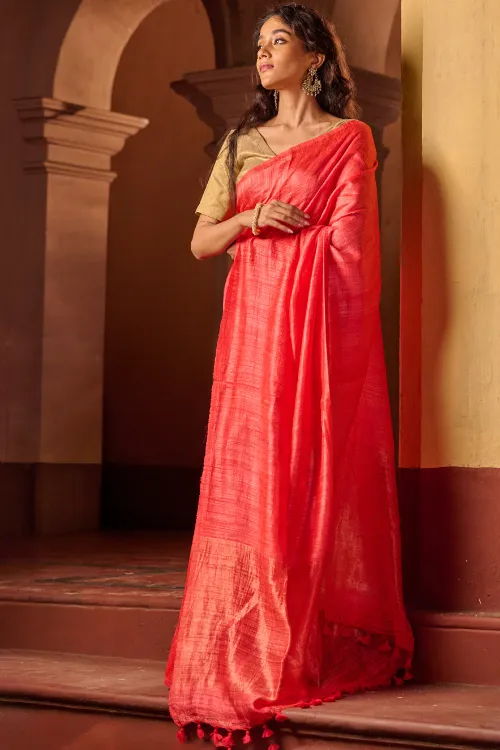 The ICH Bengal Elegance. Handwoven Soft Resham Matka Silk Saree - Warm Coral - Image 3