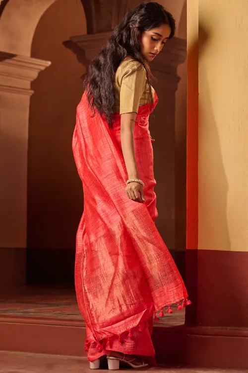 The ICH Bengal Elegance. Handwoven Soft Resham Matka Silk Saree - Warm Coral - Image 4
