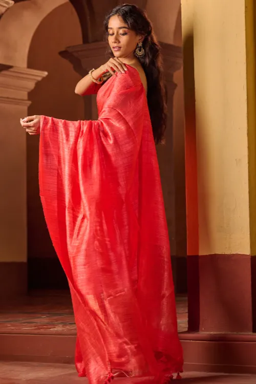 The ICH Bengal Elegance. Handwoven Soft Resham Matka Silk Saree - Warm Coral - Image 5