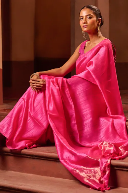 The ICH Bengal Elegance. Handwoven Soft Resham Matka Silk Saree - Warm Magenta - Image 3