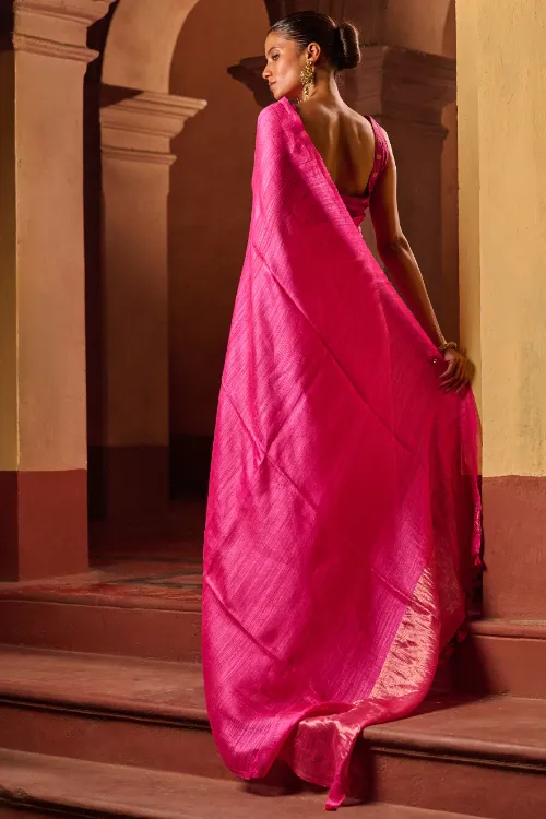 The ICH Bengal Elegance. Handwoven Soft Resham Matka Silk Saree - Warm Magenta - Image 5