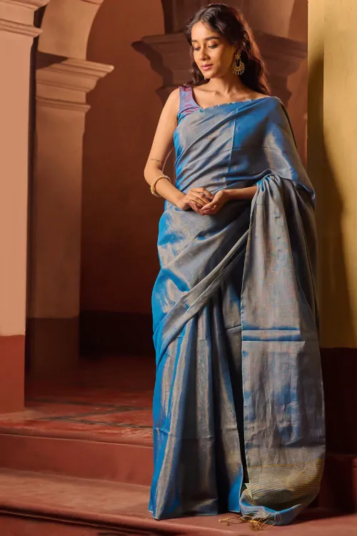 The ICH Bengal Elegance. Handwoven Tissue & Linen Saree - Blue Love - Image 3