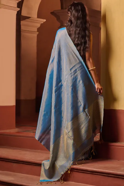 The ICH Bengal Elegance. Handwoven Tissue & Linen Saree - Blue Love - Image 4
