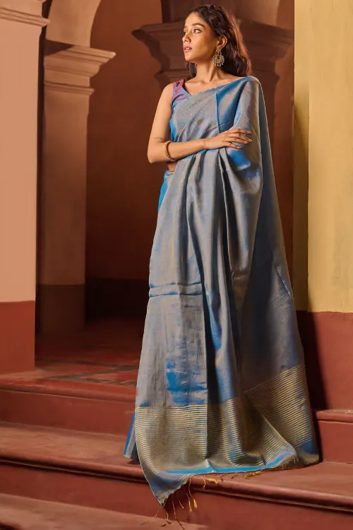 The ICH Bengal Elegance. Handwoven Tissue & Linen Saree - Blue Love - Image 5