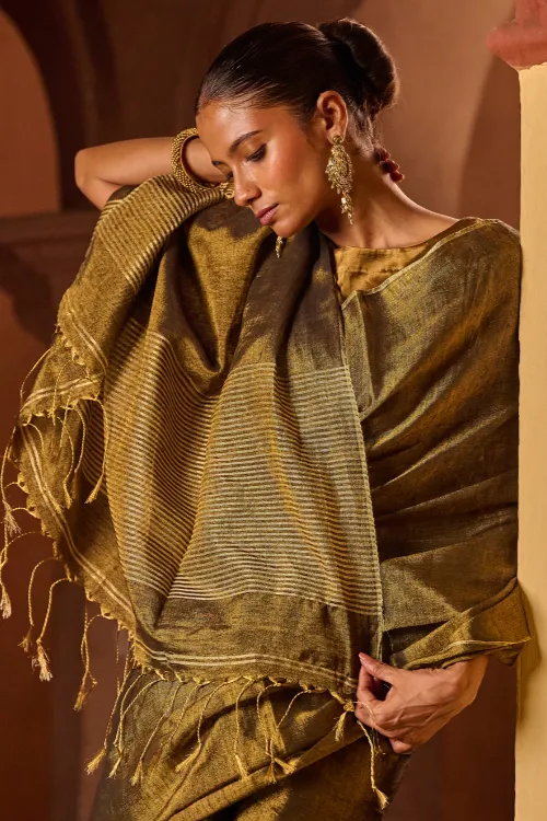 The ICH Bengal Elegance. Handwoven Tissue & Linen Saree - Dusky Bronze - Image 2