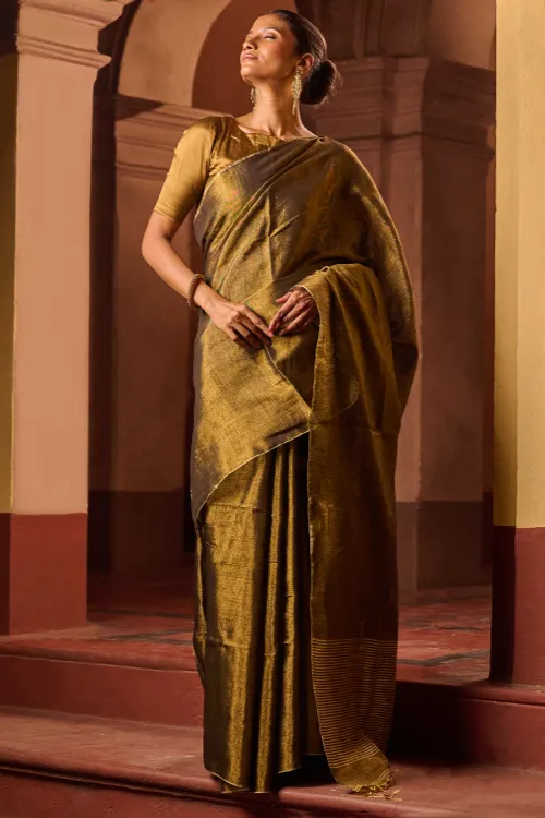 The ICH Bengal Elegance. Handwoven Tissue & Linen Saree - Dusky Bronze - Image 3