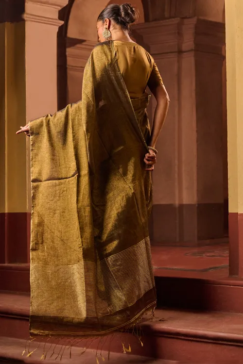 The ICH Bengal Elegance. Handwoven Tissue & Linen Saree - Dusky Bronze - Image 4