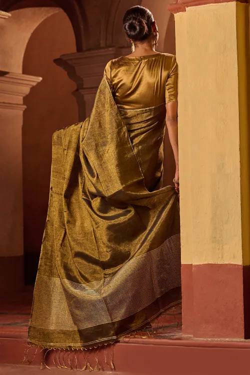 The ICH Bengal Elegance. Handwoven Tissue & Linen Saree - Dusky Bronze - Image 5