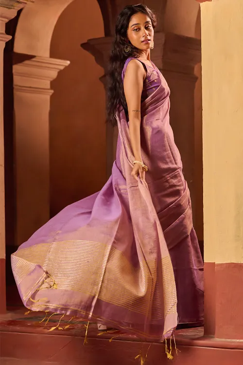 The ICH Bengal Elegance. Handwoven Tissue & Linen Saree - Dusky Mauve - Image 2