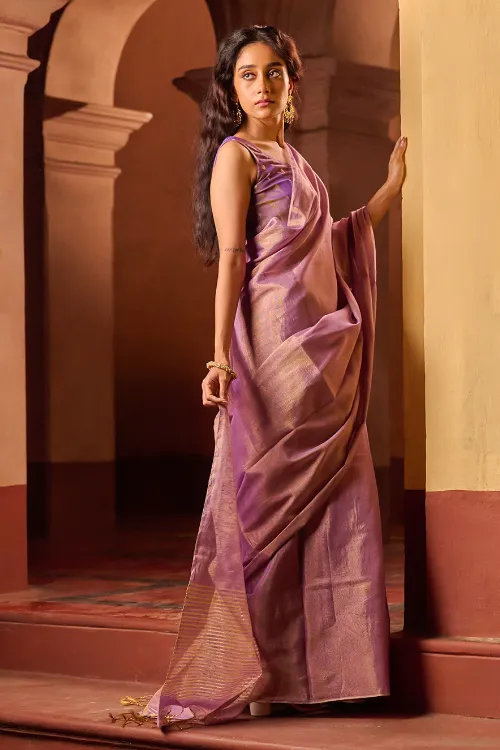 The ICH Bengal Elegance. Handwoven Tissue & Linen Saree - Dusky Mauve - Image 3