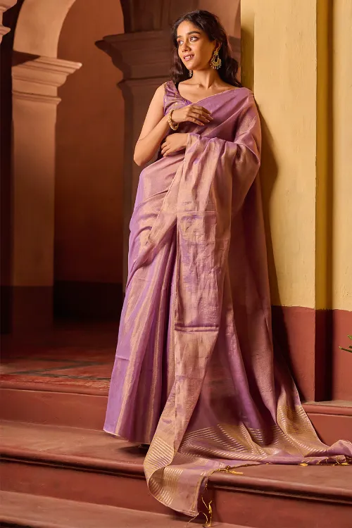 The ICH Bengal Elegance. Handwoven Tissue & Linen Saree - Dusky Mauve - Image 4