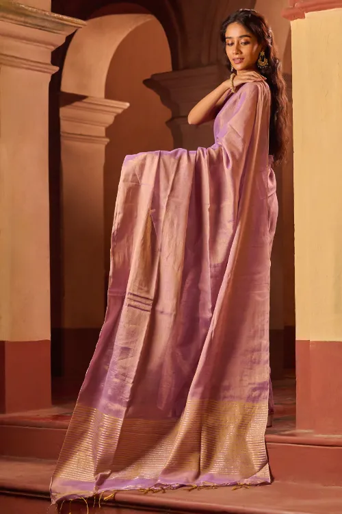 The ICH Bengal Elegance. Handwoven Tissue & Linen Saree - Dusky Mauve - Image 5