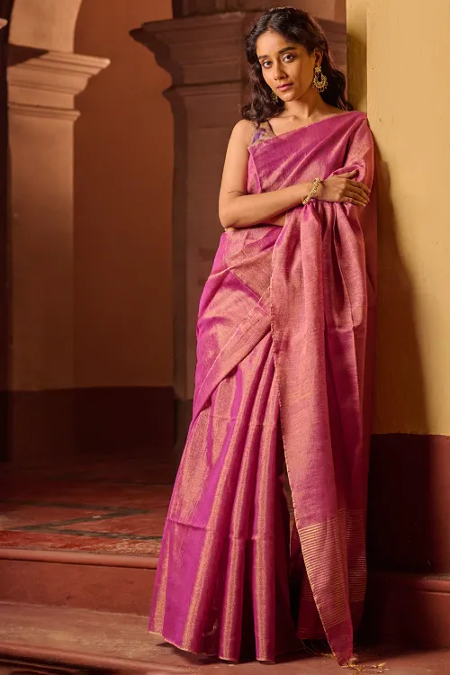 The ICH Bengal Elegance. Handwoven Tissue & Linen Saree - Golden Bloom - Image 3