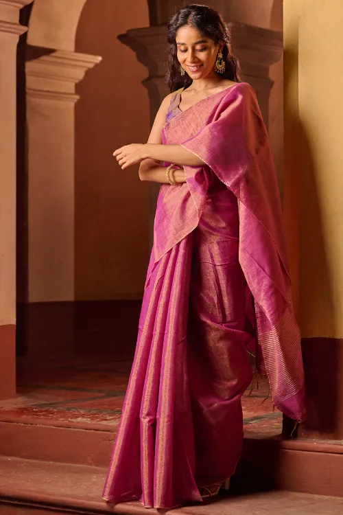 The ICH Bengal Elegance. Handwoven Tissue & Linen Saree - Golden Bloom - Image 4