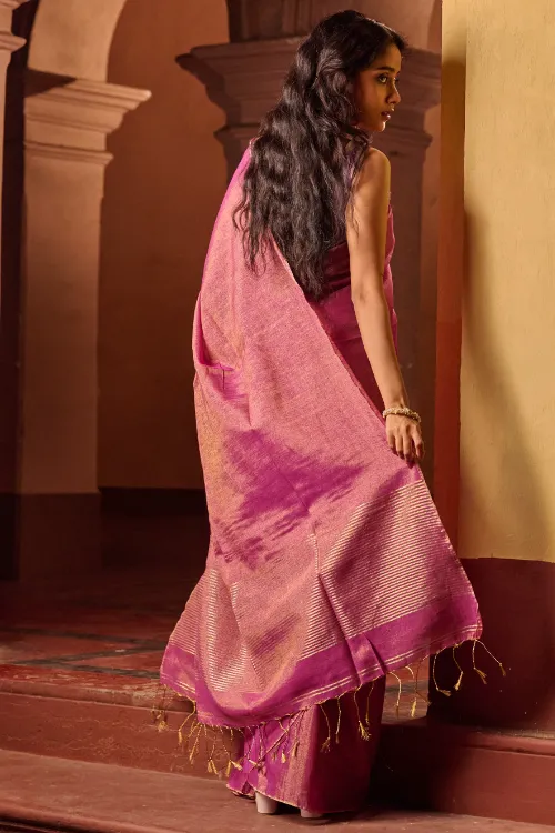 The ICH Bengal Elegance. Handwoven Tissue & Linen Saree - Golden Bloom - Image 5