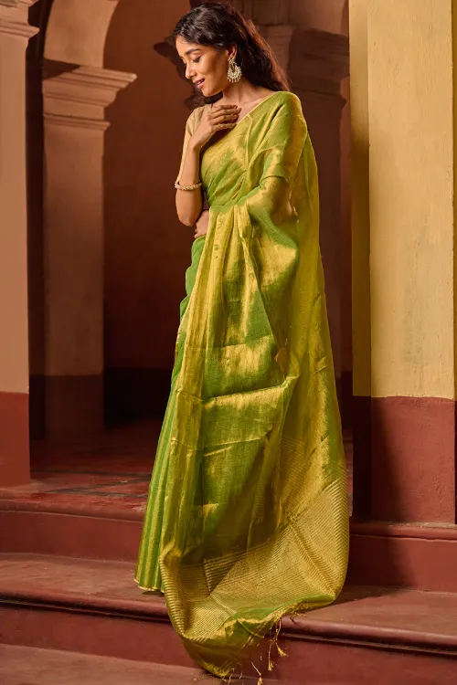 The ICH Bengal Elegance. Handwoven Tissue & Linen Saree - Golden Lime - Image 3