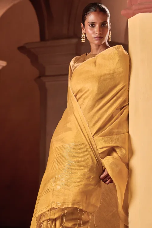 The ICH Bengal Elegance. Handwoven Tissue & Linen Saree - Golden Sand