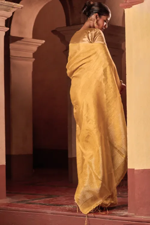 The ICH Bengal Elegance. Handwoven Tissue & Linen Saree - Golden Sand - Image 4