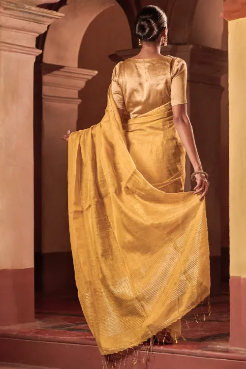 The ICH Bengal Elegance. Handwoven Tissue & Linen Saree - Golden Sand - Image 5