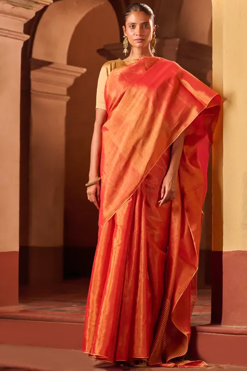 The ICH Bengal Elegance. Handwoven Tissue & Linen Saree - Golden Sunrise - Image 2