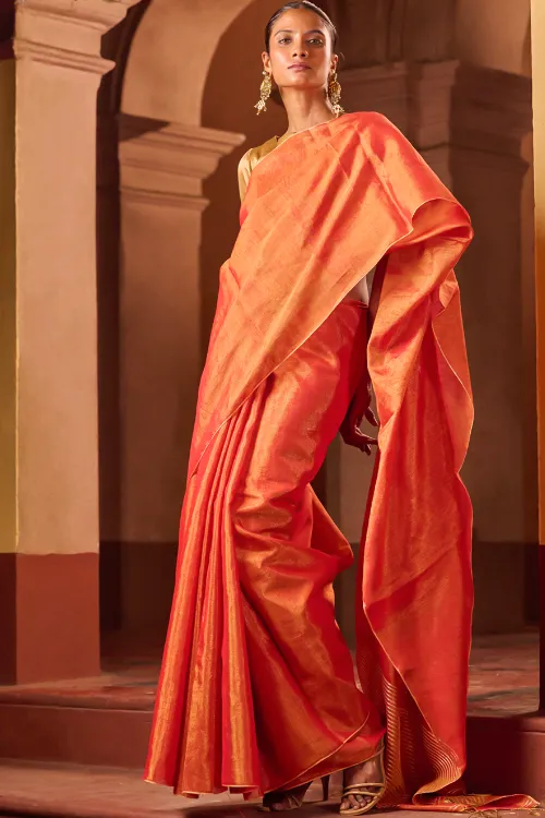 The ICH Bengal Elegance. Handwoven Tissue & Linen Saree - Golden Sunrise - Image 3