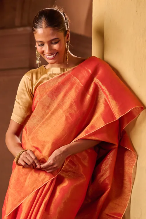 The ICH Bengal Elegance. Handwoven Tissue & Linen Saree - Golden Sunrise - Image 4