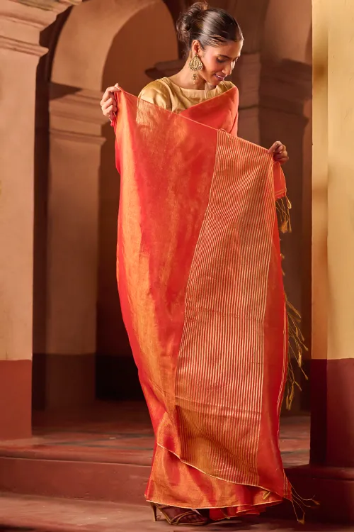 The ICH Bengal Elegance. Handwoven Tissue & Linen Saree - Golden Sunrise - Image 5