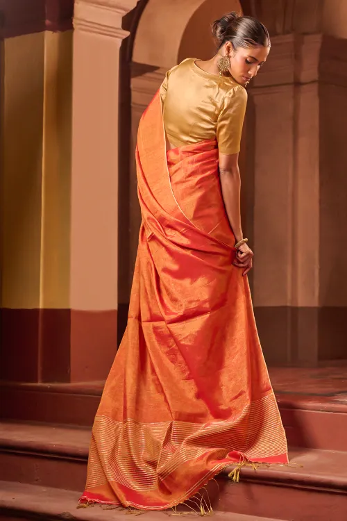 The ICH Bengal Elegance. Handwoven Tissue & Linen Saree - Golden Sunrise - Image 6