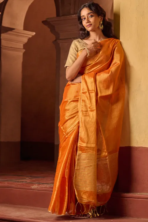 The ICH Bengal Elegance. Handwoven Tissue & Linen Saree - Golden Sunset - Image 3