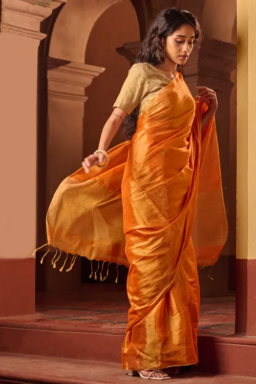 The ICH Bengal Elegance. Handwoven Tissue & Linen Saree - Golden Sunset - Image 5