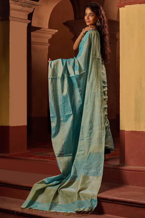 The ICH Bengal Elegance. Handwoven Tissue & Linen Saree - Mist Blue - Image 5