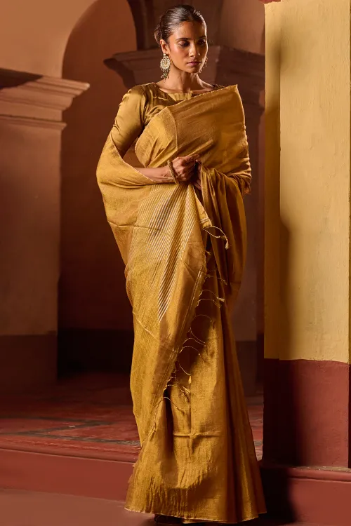 The ICH Bengal Elegance. Handwoven Tissue & Linen Saree - Ochre Gold