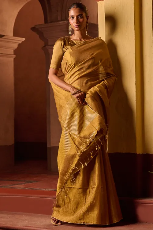 The ICH Bengal Elegance. Handwoven Tissue & Linen Saree - Ochre Gold - Image 3