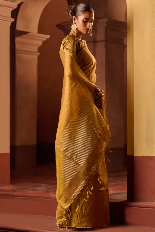 The ICH Bengal Elegance. Handwoven Tissue & Linen Saree - Ochre Gold - Image 5