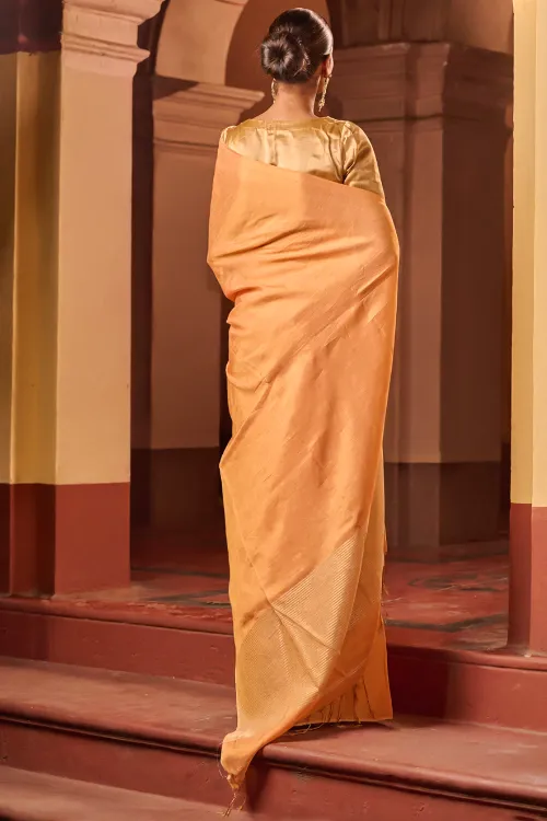 The ICH Bengal Elegance. Handwoven Tissue & Linen Saree - Peach Champagne - Image 2