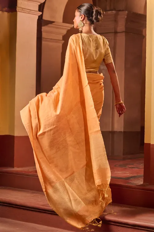 The ICH Bengal Elegance. Handwoven Tissue & Linen Saree - Peach Champagne - Image 5