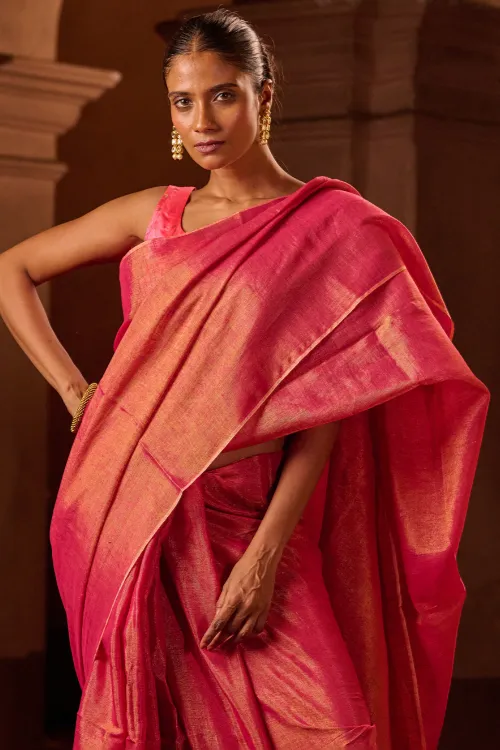 The ICH Bengal Elegance. Handwoven Tissue & Linen Saree - Ruby Blush - Image 2