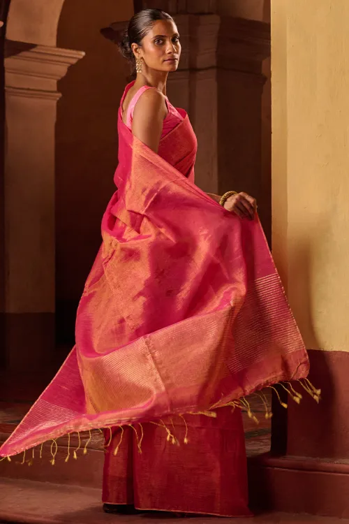 The ICH Bengal Elegance. Handwoven Tissue & Linen Saree - Ruby Blush - Image 3
